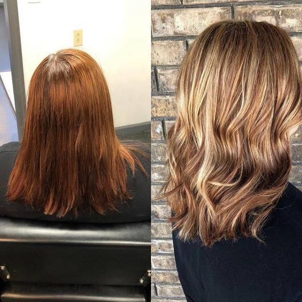 Hair transformation: before and after of a reddish bob to blonde wavy highlights