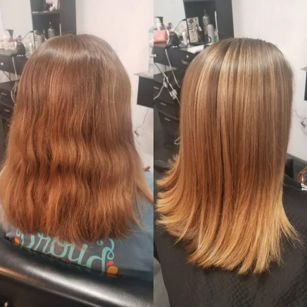 Before-and-after hair transformation showing long reddish-brown hair cut into a sleek blonde lob.