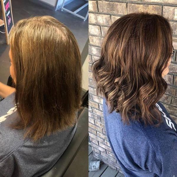 Side-by-side hair transformation: straight shoulder-length brown hair and styled wavy lob.