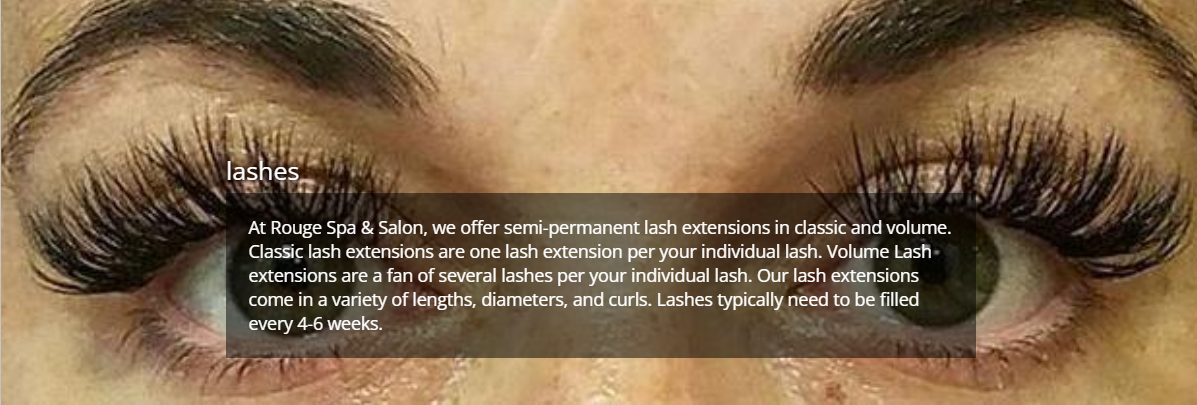 Close-up of closed eyes with long false eyelashes and small white text overlay on a dark band