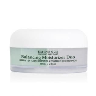 White skincare jar labeled “Balancing Moisturizer Duo” with green tea and pomelo hydration text