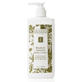 Eminence Blueberry Shimmer Body Lotion bottle with white pump and gold floral label