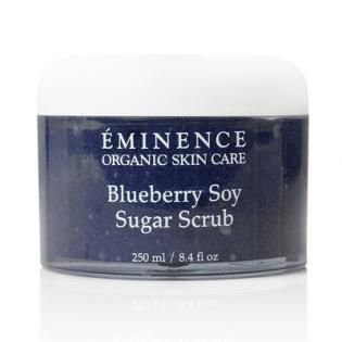 Eminence Organic Skin Care Blueberry Soy Sugar Scrub jar, dark blue label on white lid