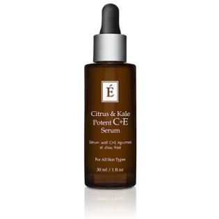 Amber bottle of Citrus & Kale Potent C+E serum with dropper, on white background