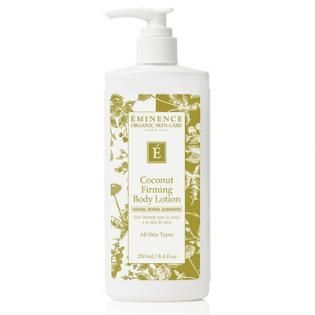 White pump bottle of Eminence Coconut Firming Body Lotion with green floral label