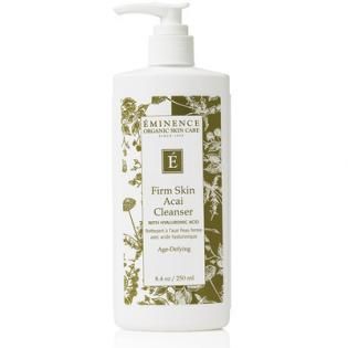 White bottle of Eminence firm skin acai cleanser with pump dispenser and green botanical label