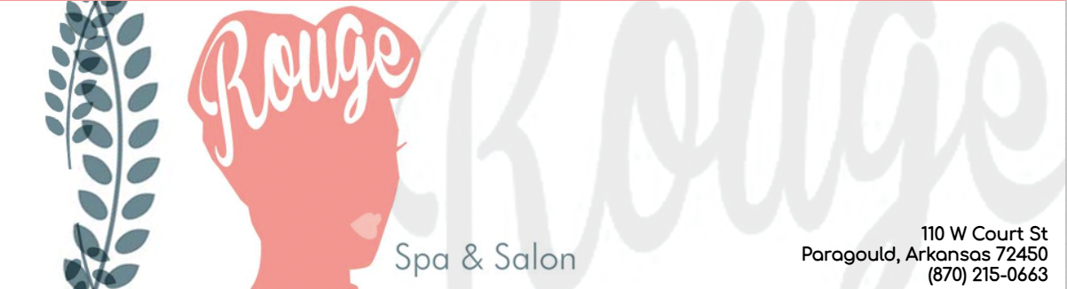 Rouge Spa & Salon logo with pink silhouette, leafy accents, and faded “Rouge” script