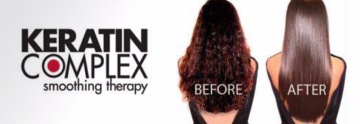 Keratin Complex smoothing therapy ad showing before-and-after hair transformation, sleek brown hair on right