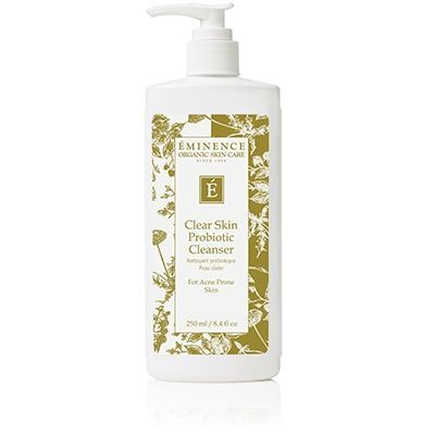 White Eminence Organics Clear Skin Probiotic Cleanser bottle with pump dispenser and floral label