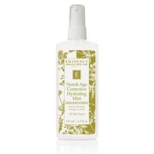Eminence Neroli Age Corrective Hydrating Mist bottle with white label and gold floral pattern