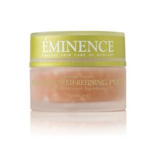 Eminence Stone Crop Refining Peel jar with green lid and peach label on white background