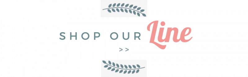 Shop our line text with coral script, flanked by gray decorative leaves and chevrons on white background