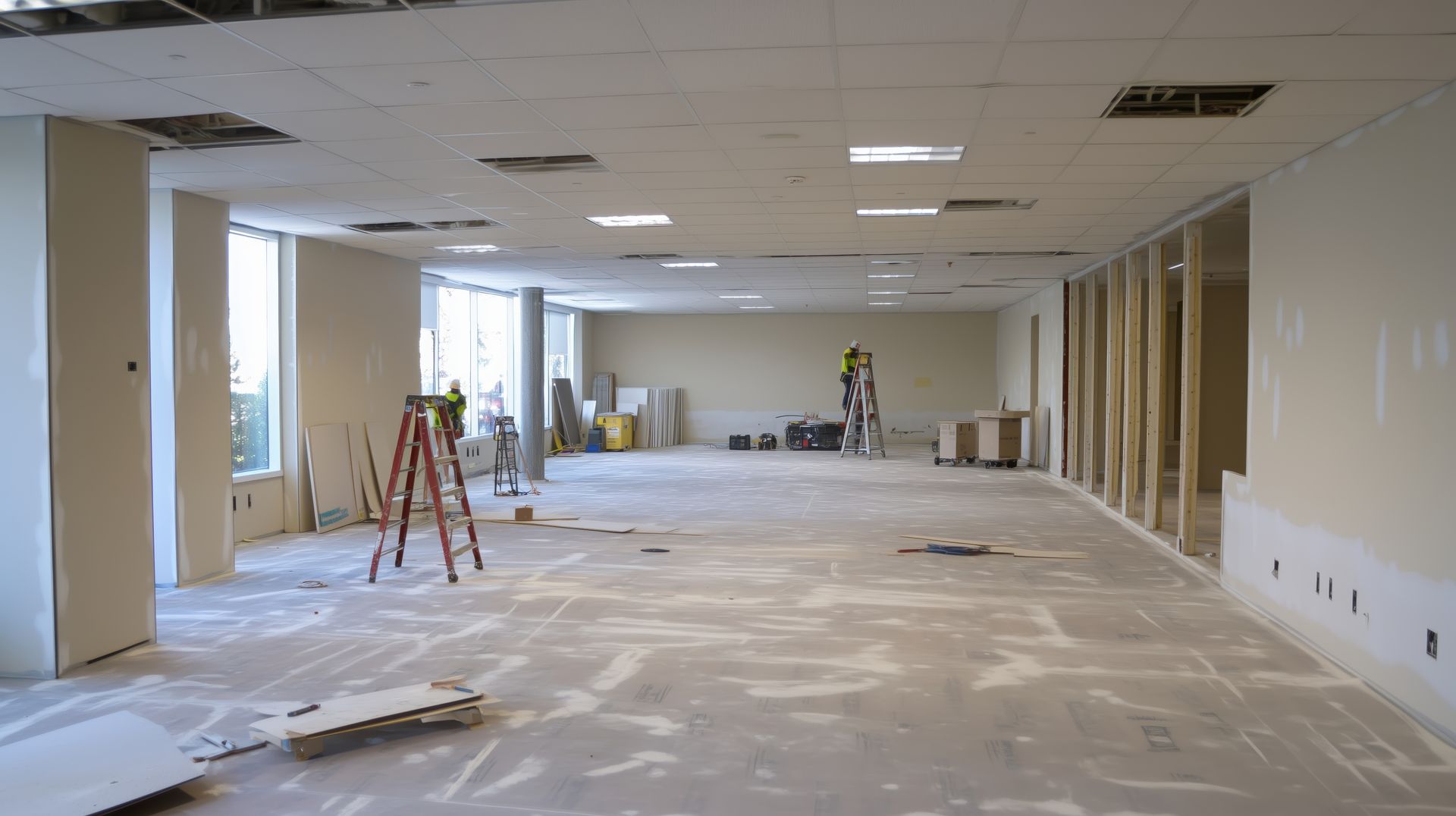 A large empty room with a ladder in the middle of it.