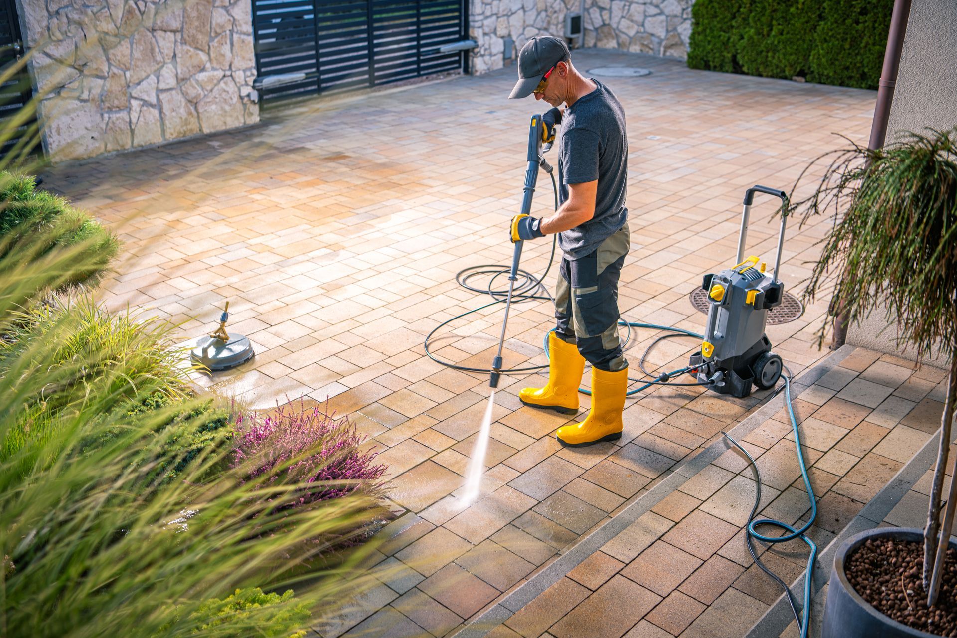 A man is using a high pressure washer to clean a brick driveway.