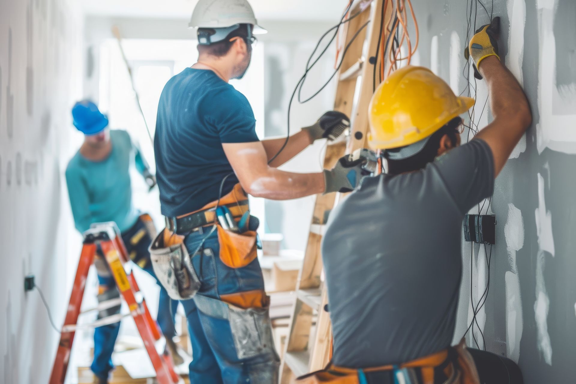 A group of construction workers are working on a wall.