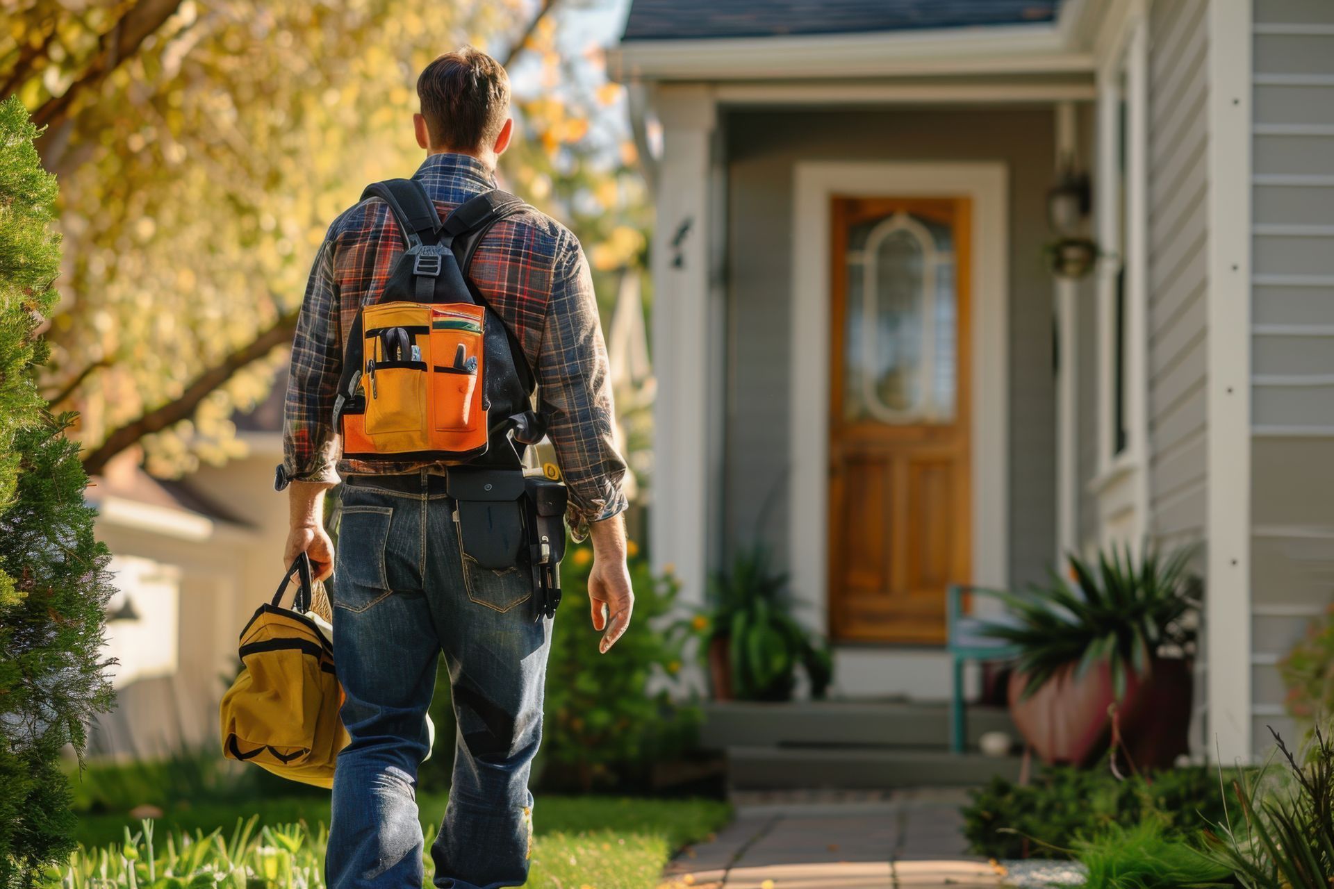 A man with a backpack is walking towards a house.