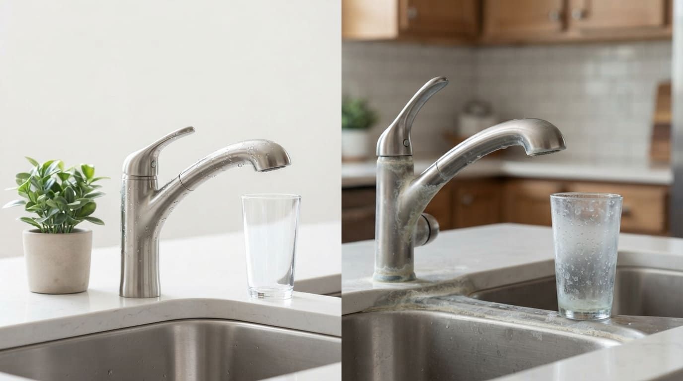 Side by side kitchen sinks comparing a clean faucet with one showing mineral buildup and a cloudy gl