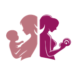 Woman holding baby and lifting weights, in shades of pink and purple.