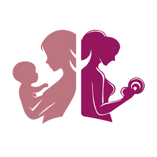 Woman holding baby and lifting weights, in shades of pink and purple.