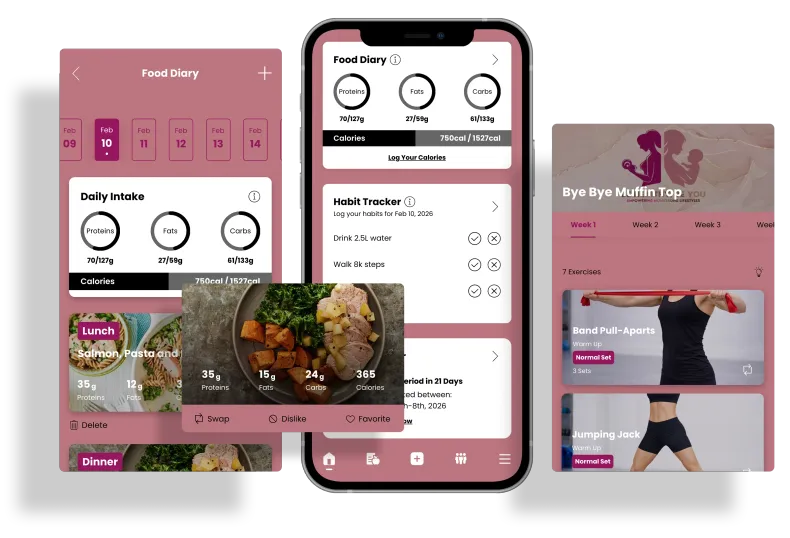 Screens of a food tracking app, displaying meal details and food diary, in a pink theme.