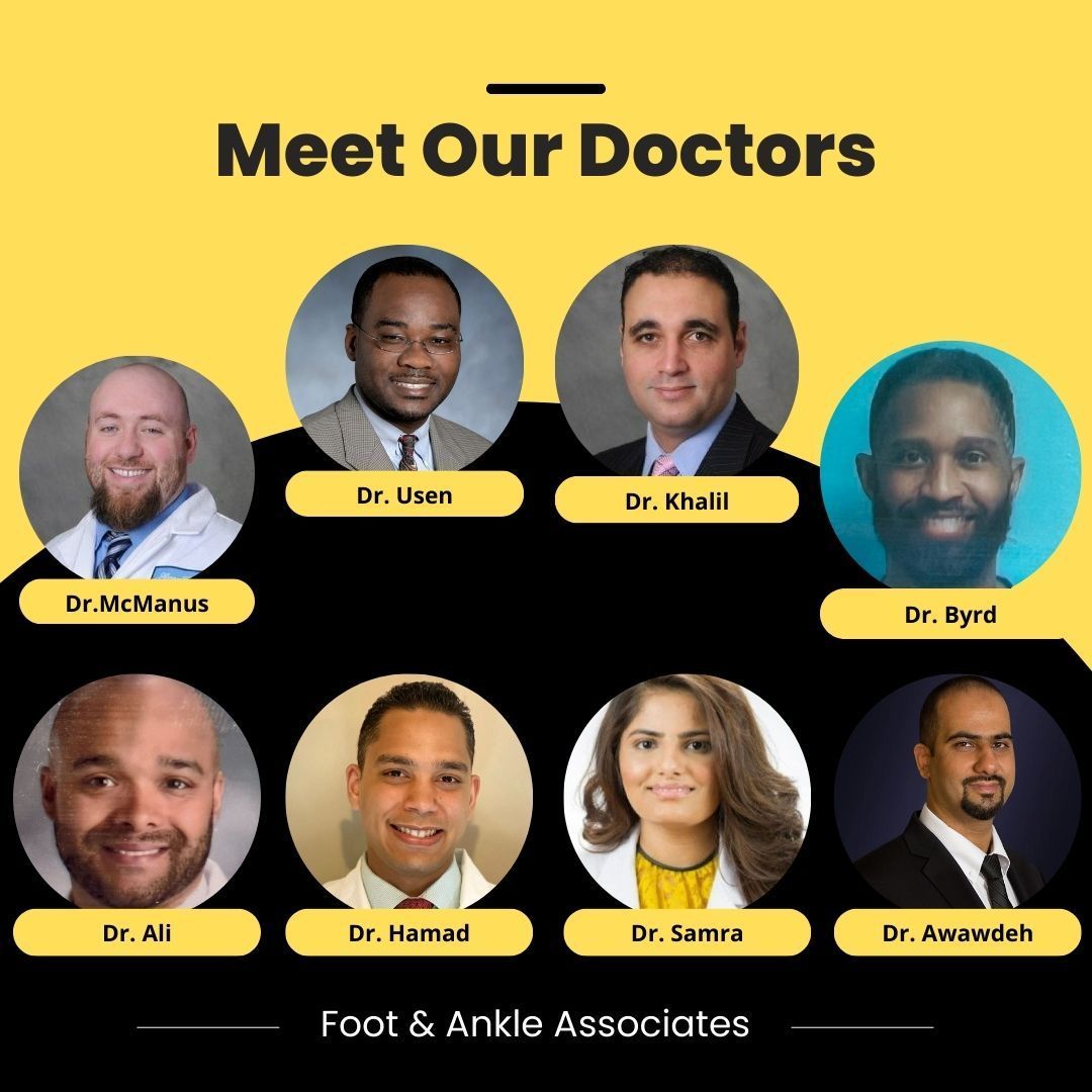 A group of doctors from Foot & ankle associates are lined up in circles with the words Meet our doctors at the top