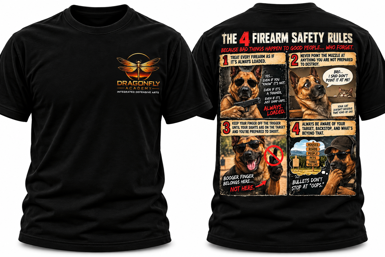 4 basic firearm safety rules T-shirt (W/ Luna the Dog)