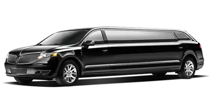 A black limousine is parked on a white background.