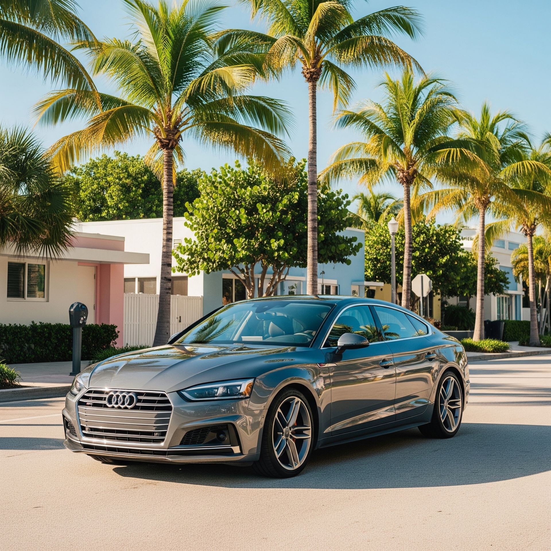 Gray Audi A5 parked on a sunny palm-lined street in Florida, highlighting European luxury and performance.