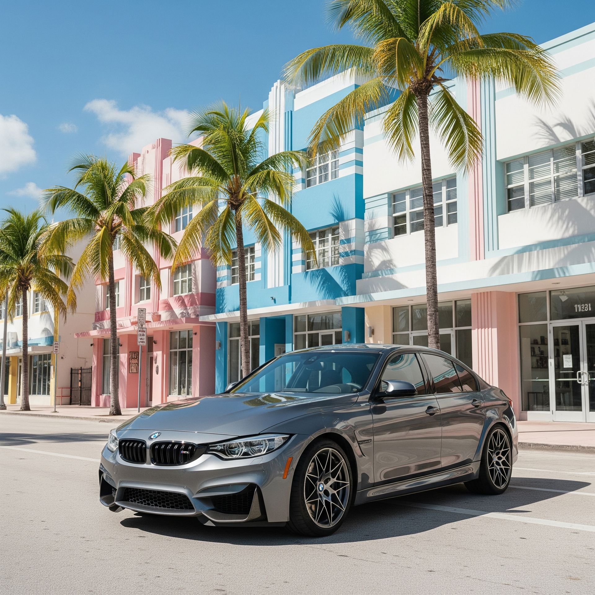 Gray BMW M3 parked along a palm-lined street with colorful buildings in a sunny Florida setting.