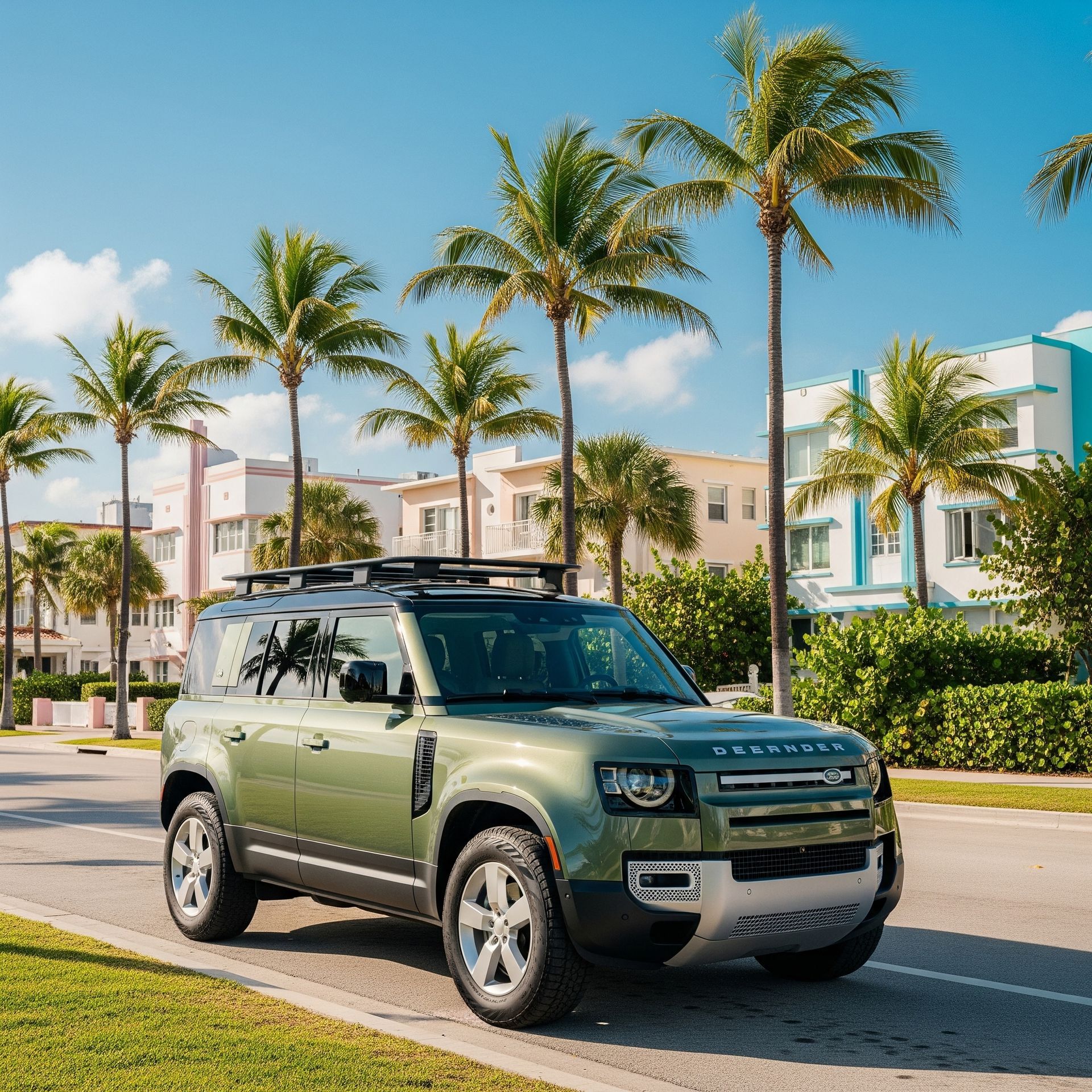 Green Land Rover Defender parked on a palm-lined street in a sunny South Florida neighborhood.