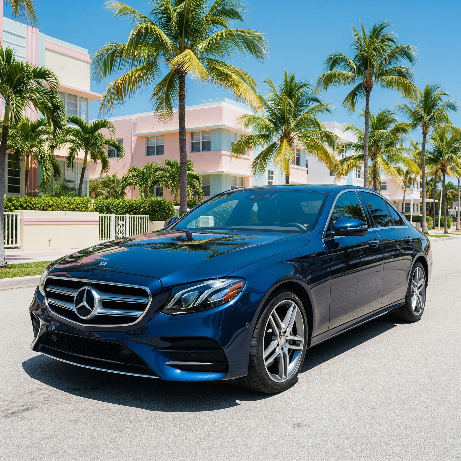 Blue Mercedes-Benz E-Class sedan parked on a sunny street surrounded by palm trees and pastel buildings.
