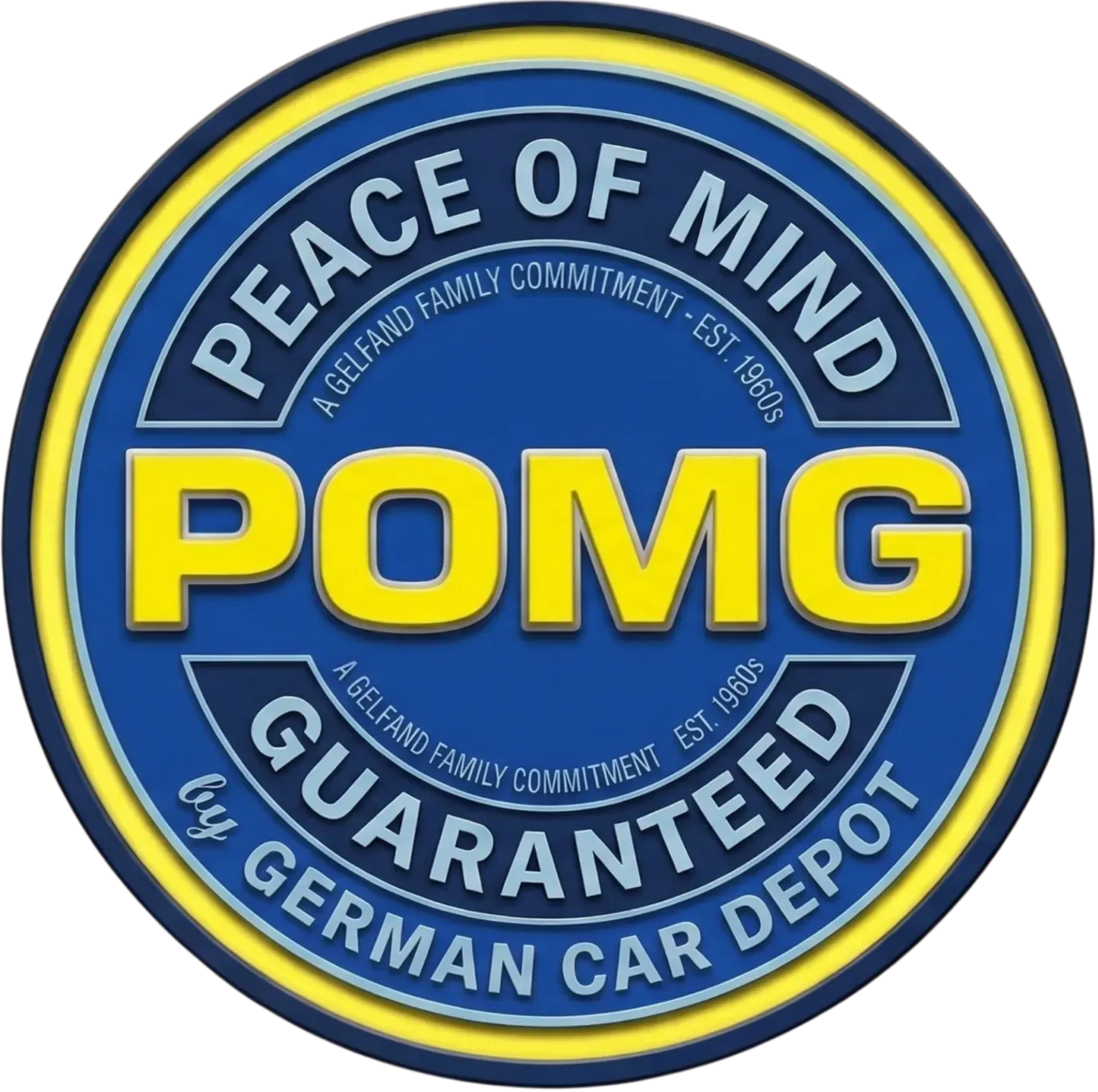 Blue circular POMG logo with yellow lettering, “Peace of Mind Guaranteed” and “German Car Depot.”
