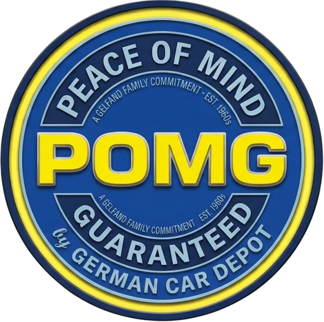 Blue circular POMG logo with yellow lettering, “Peace of Mind Guaranteed” and “German Car Depot.”