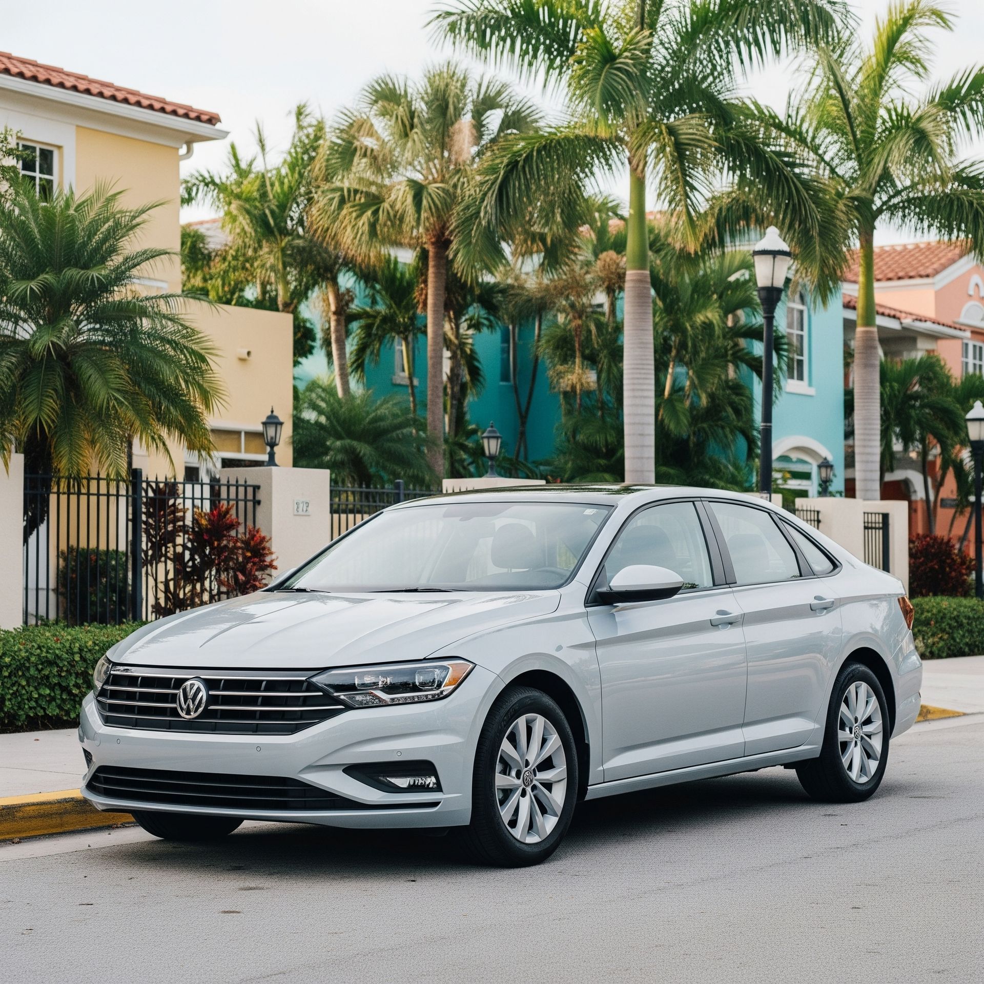 White Volkswagen Jetta sedan parked on a palm-lined street in a tropical South Florida neighborhood.
