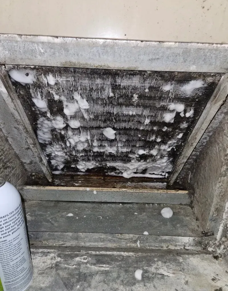 Dirty vent cover with white mold or residue and debris on a gray wall.