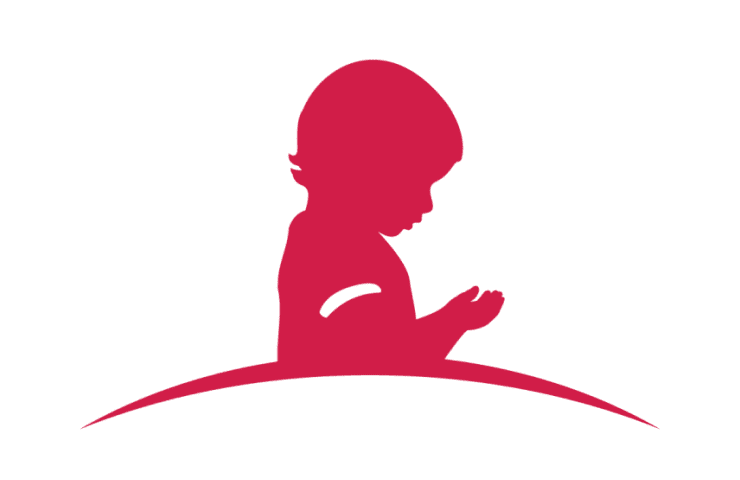 Pink silhouette of a child reading on a curved line