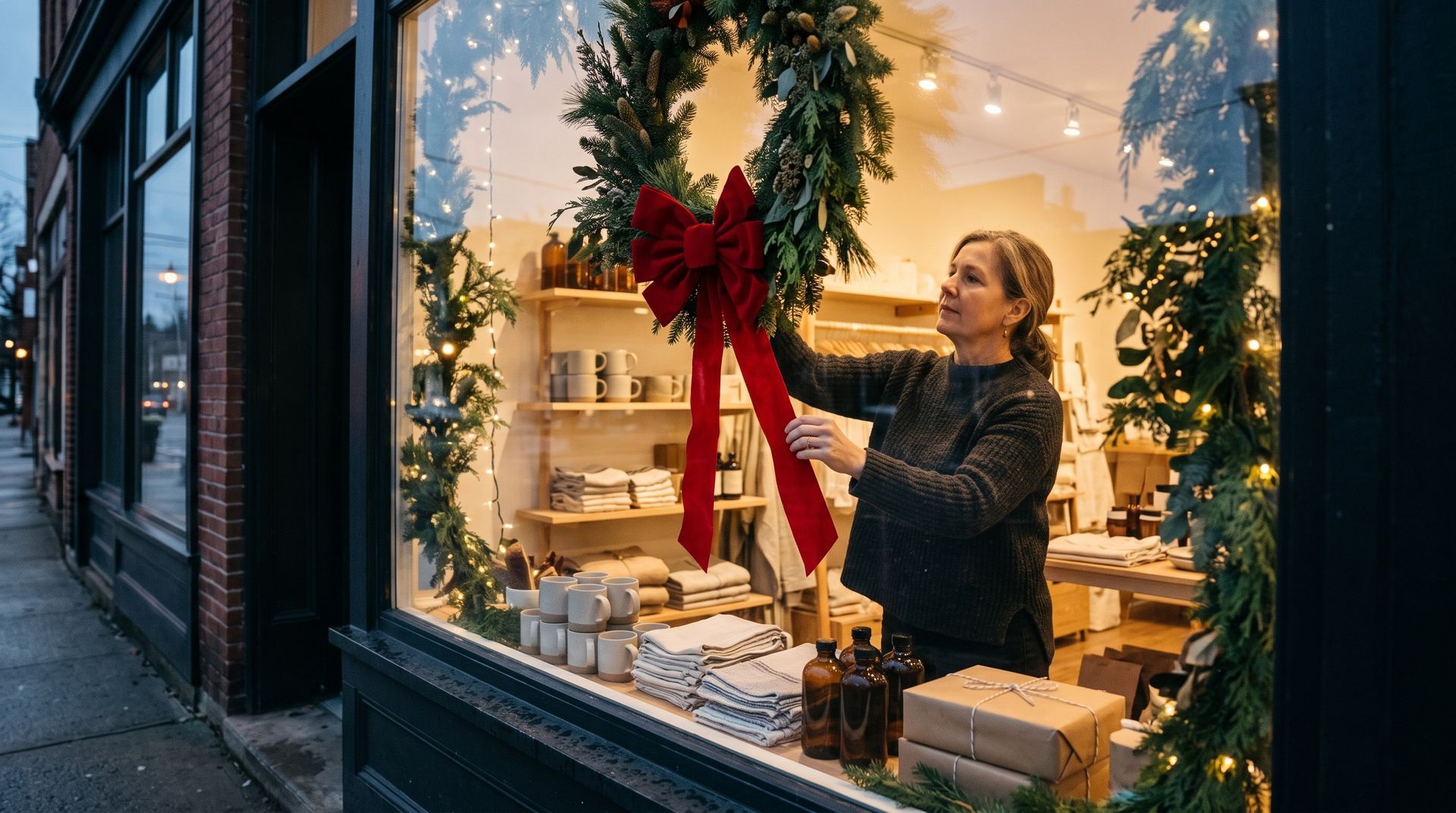 Person hanging a red-and-green wreath in a warmly lit shop window decorated for Christmas