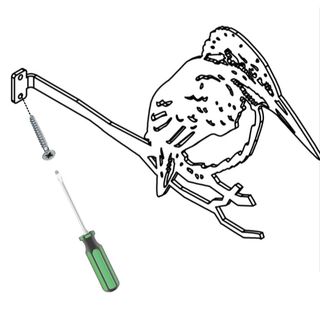 ijsvogel- bevestigingstip Een zwart-wit tekening van een vogel met een groene schroevendraaier ernaast.