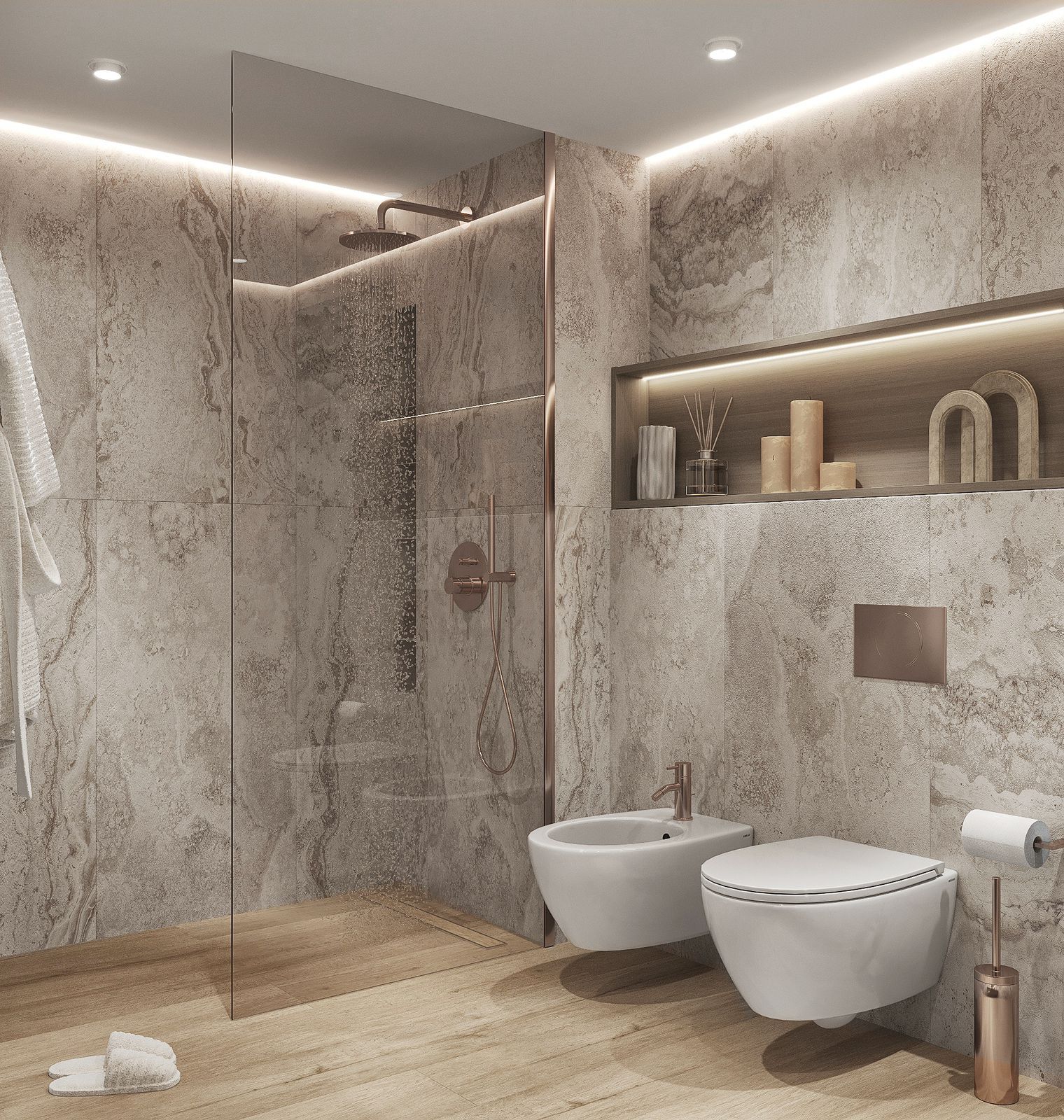 Bagno moderno in pietra con doccia walk-in, mensola a parete, lavabo sospeso e WC, illuminato da una luce soffusa