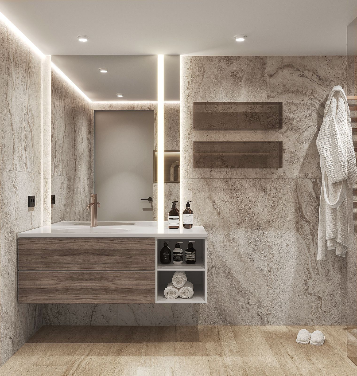 Bagno moderno beige con mobile sospeso in legno, specchio retroilluminato, mensole, asciugamani e zona doccia