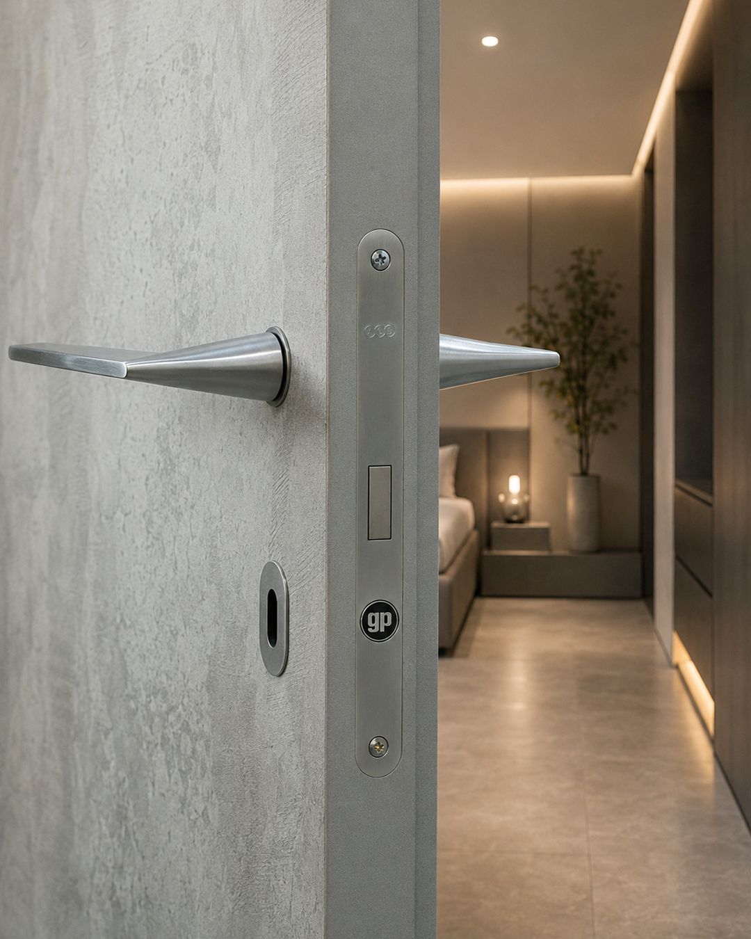Porta grigia socchiusa che lascia intravedere una camera da letto moderna, illuminata da una luce soffusa