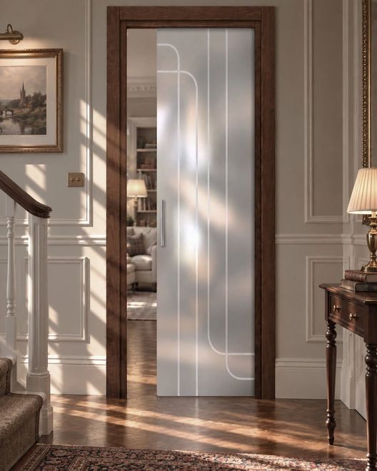 Corridoio illuminato dal sole con una porta in vetro satinato, un’opera d’arte incorniciata e un tavolino con una lampada.