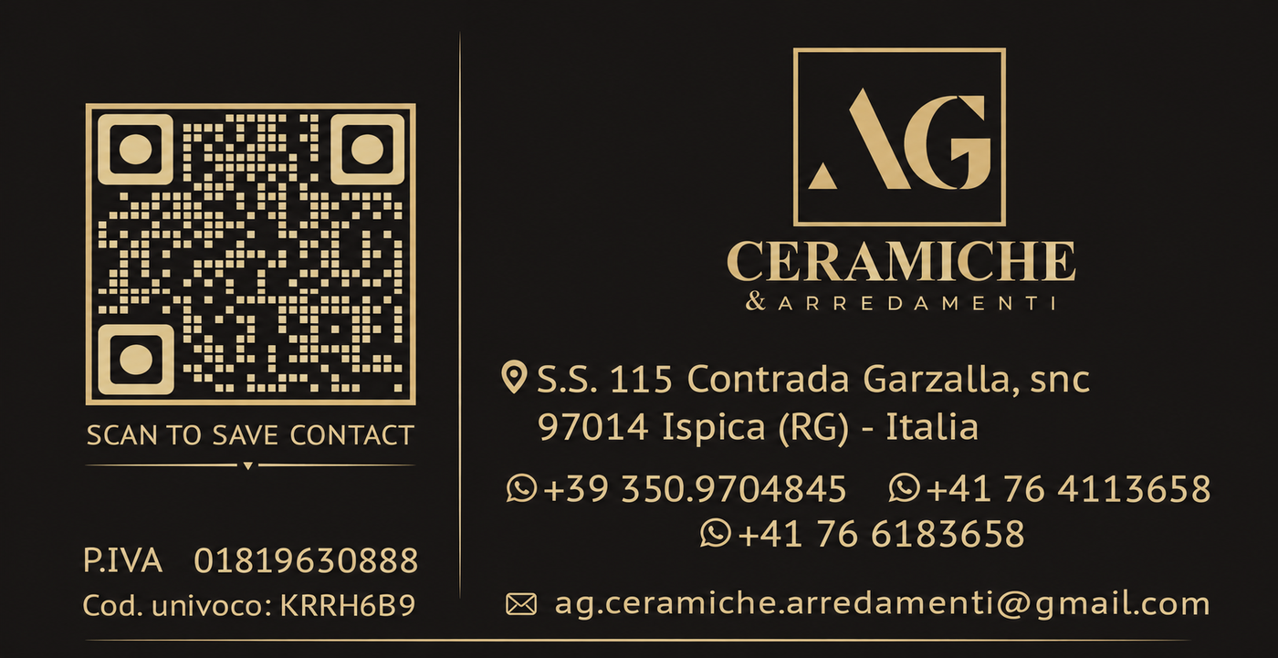 Biglietto da visita per Ceramiche Ferrandino, con codice QR, recapiti e logo dorato su sfondo nero.