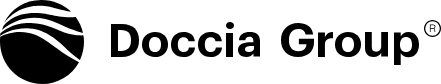 Logo di Doccia Group con icona circolare nera e testo in grassetto su sfondo bianco