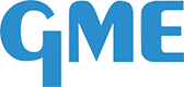 Logo blu di GME con lettere stilizzate e righe orizzontali