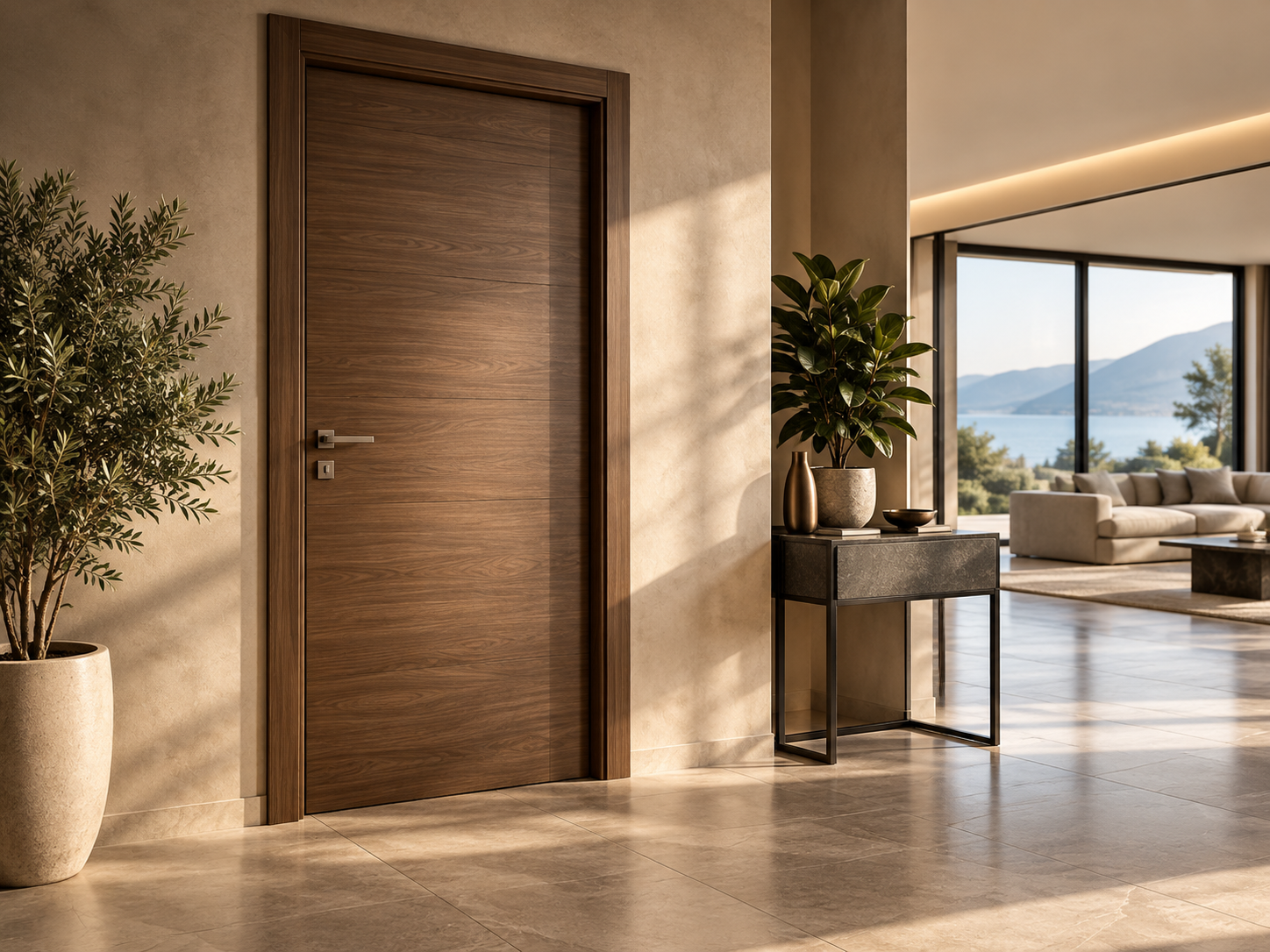 Soggiorno moderno con una porta in legno, piante in vaso e una vista soleggiata sulle montagne e sull’acqua attraverso ampie finestre