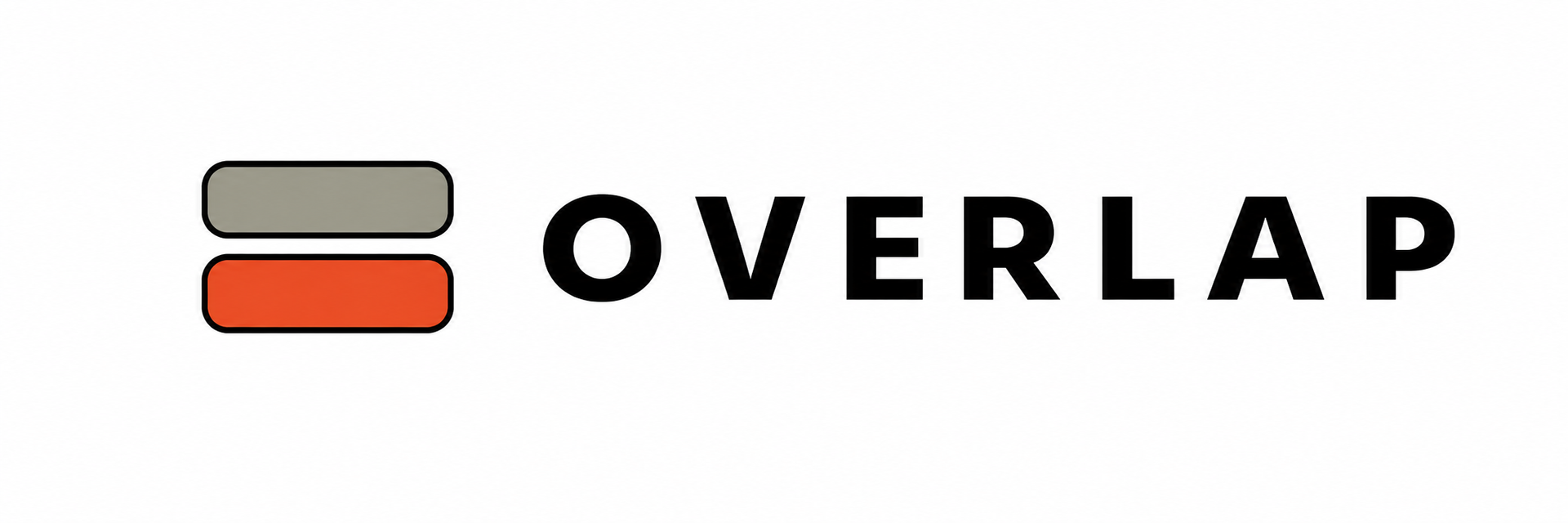 Logo OVERLAP con un’icona sovrapposta grigia e arancione a sinistra del testo nero