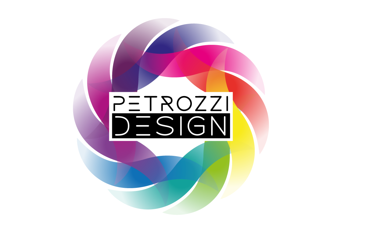 Logo di Petrozzi Design con un vortice circolare colorato e testo in bianco e nero