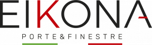 Logo EIKONA con sottotitolo «PORTE & FINESTRE» in nero, rosso e grigio