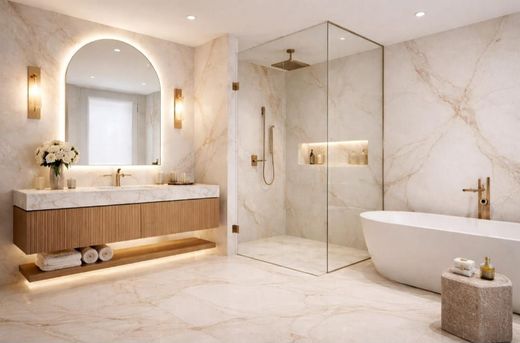 Bagno moderno con pareti in pietra, mobile lavabo sospeso, specchio retroilluminato e portasciugamani con accappatoio